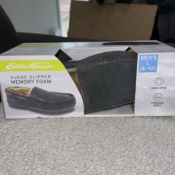 NIB men’s Eddie Bauer Gray Suede Memory Foam Slippers, size Large, 9.5 to 10.5 - Picture 5 of 10